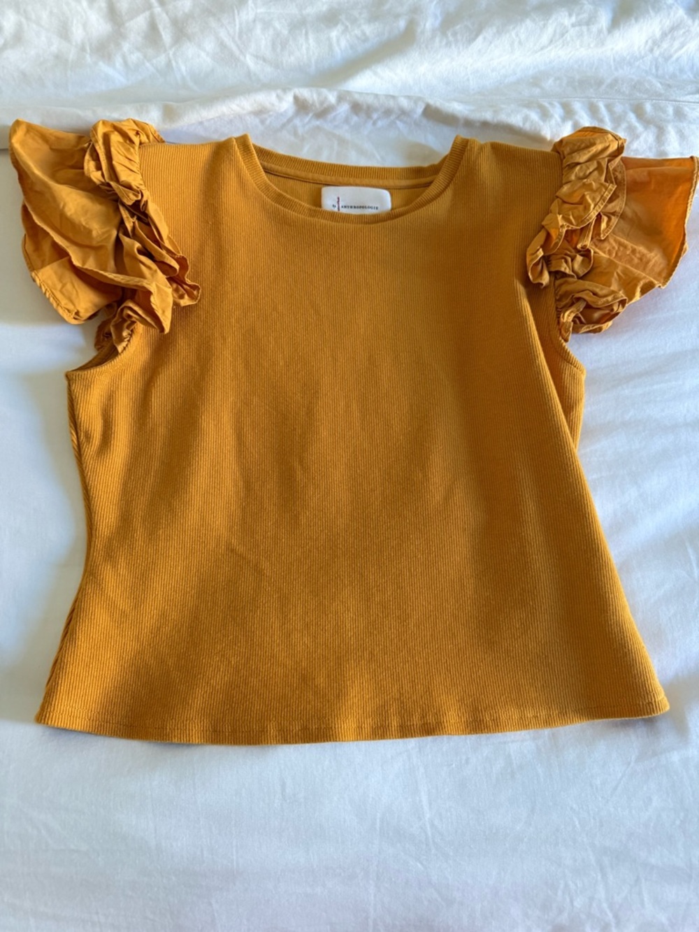 Anthropologie Mustard Ruffle Sleeve Tee for women